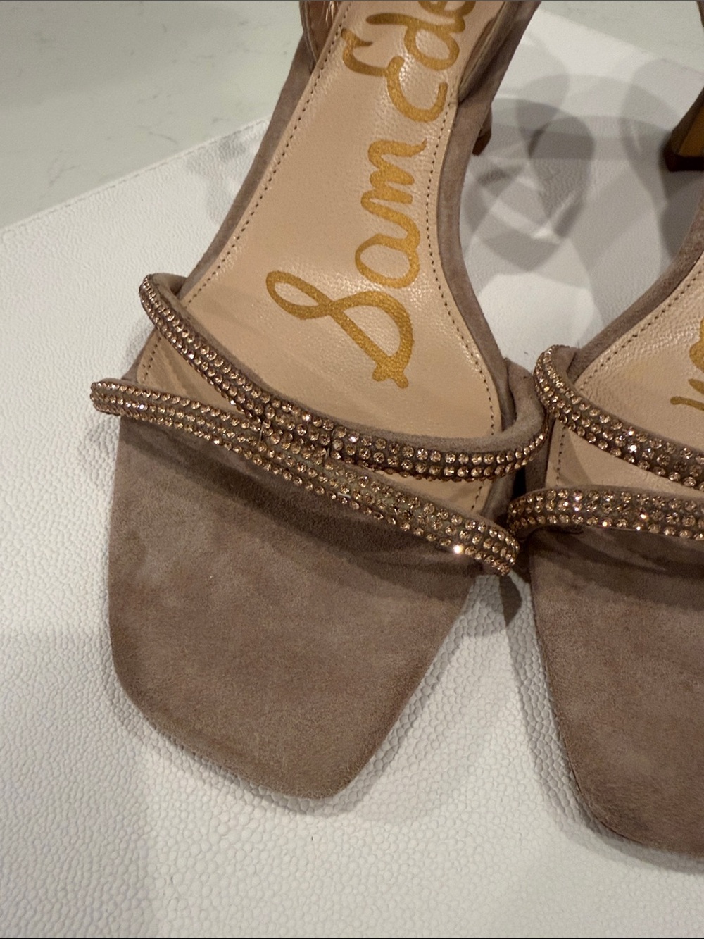 Sam Edelman Taupe Suede Crystal-Trim Slingback Heels. - Picture 2 of 5